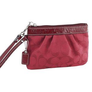 Coach Ashley Maroon Signature Canvas/Leather Corner Zip Wristlet Clutch